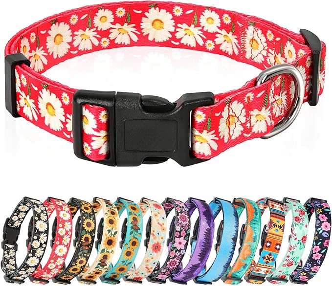 HEELE Dog Collar, Adjustable Soft Dog Collar for Small Medium Large Dogs,Daisy Floral Patterned Puppy Collars with Quick Release Buckle Daisy Red S Length 9.84''-14.96'