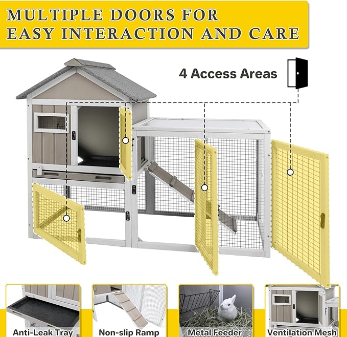 47''L Rabbit Hutch Outdoor Chicken Coop with Run, Wooden Indoor 2 Story Bunny House with Waterproof Roof, Pull Out Tray, Guinea Pig Rabbit Duck Cage for Small to Medium Animals and Pet Lover, Gray
