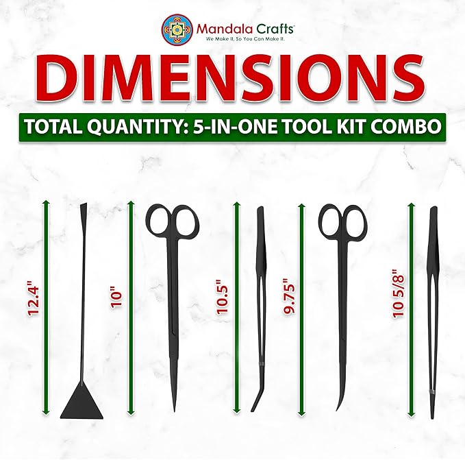 Mandala Crafts Black Stainless Steel Aquascaping Tools Kit – Aquarium Plant Tools with Tweezers, Spatula, and Scissors for Fish Tanks, Hospital Tanks, Goldfish Bowls, Aquariums, and Terrariums