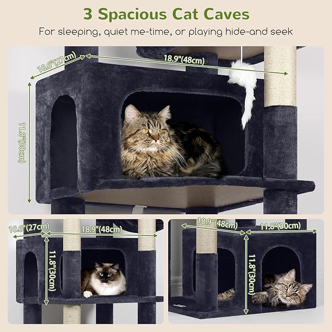 Globlazer Sturdy Cat Tree for Large Cats, 77 inch Large Cat Climbing Tower for Indoor Adult Cats, Cat Scratching Tower with 5 Scratching Posts, 3 Cat Condos, 2 Top Perches, S77, Dark Grey