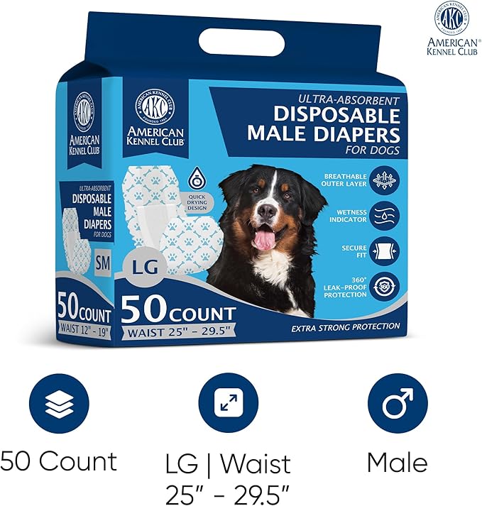 American Kennel Club Male Dog Wrap, Disposable Diapers with Wetness Indicator, Large, 50 Count