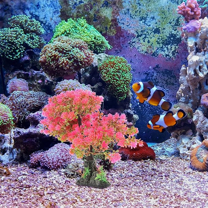 POPETPOP Artificial Aquarium Plant Plastic Water Plant Tree Fish Tank Bonsai Ornament Fish Tank Hideout Sushi Plate Decor for Aquarium Terrarium Landscape Pink