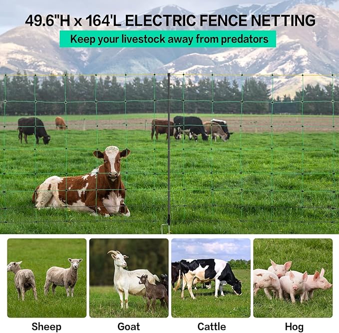 Electric Fence Netting, 49.6" H x 164' L, PE Net Fencing Kit with 14 Posts Double Spiked, Utility Portable Mesh for Sheep Hogs Goats Deer Dogs Lambs Used in Backyards Farms Ranches Patio, Green