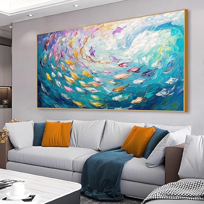 Fish Canvas Wall Art, Abstract School of Fish Canvas Wall Art, School of Fish Painting Canvas, School of Fish Wall Art, Fish Wall Decor, Fish Pictures Wall Decor, Bedroom Canvas Wall Decor (Black Framed, 69"x39" | 174x98cm)