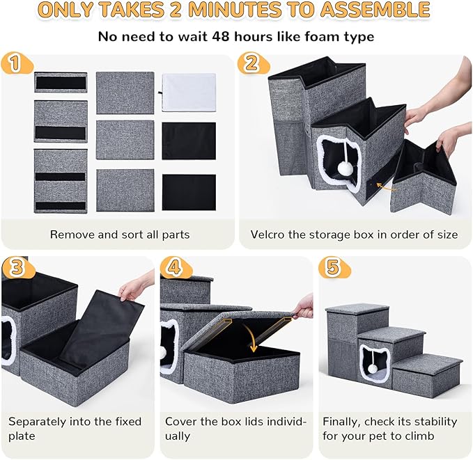 Bilibrara Dog Stairs for Small Dogs, Foldable Pet Steps for High Bed, Non-Slip 3-Step Cat Stairs with Storage, Condo and Fluffy Ball, Small Dog Indoor Ramp for Couch Window, 16'' H