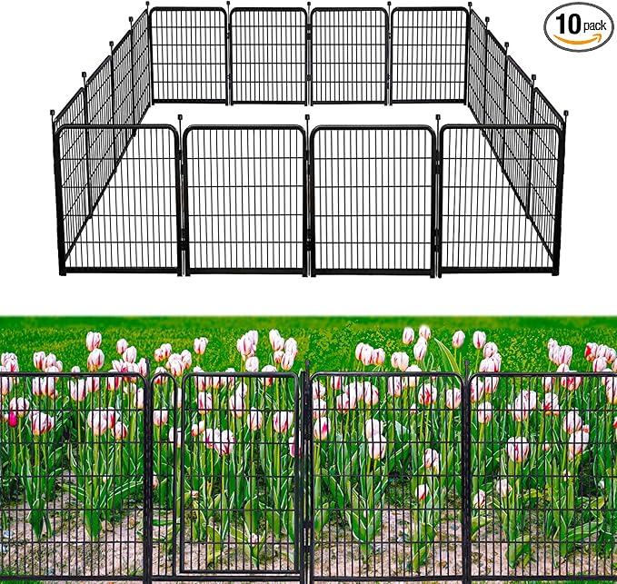 Doorless Dog Digging Fence Barrier,56in(H) 10 Panels Total 22.1 Ft(L), Black Metal Fencing for Yard 4.6ft Tall, Dog Fence Outdoor for Yard, Fences for Garden Beds, Garden Fencing Border