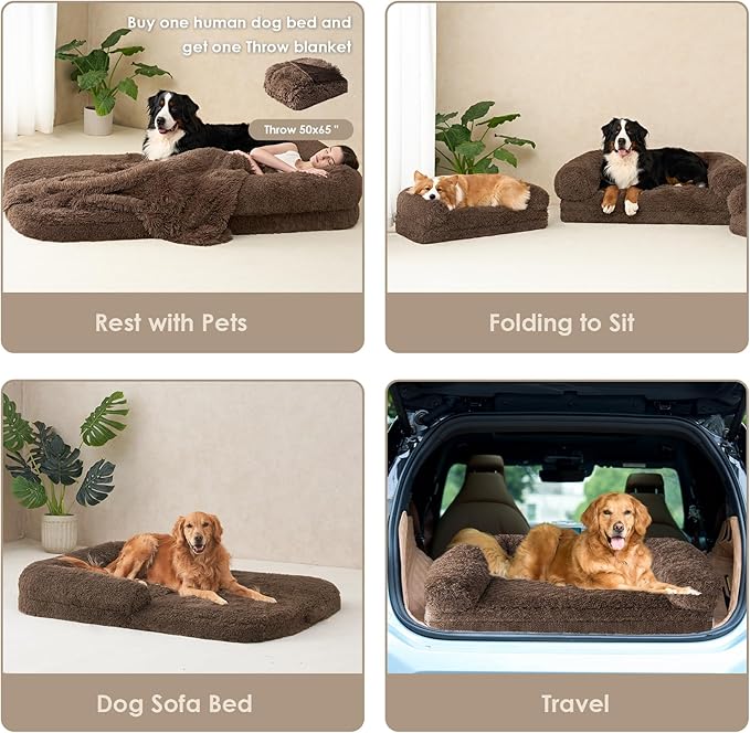 EHEYCIGA Foldable Human Dog Bed, Orthopedic Memory Foam Human Sized Dog Bed, Waterproof Pet Bed for People, Faux Fur Pet Couch for Adult, Brown, 72"x44"x11"