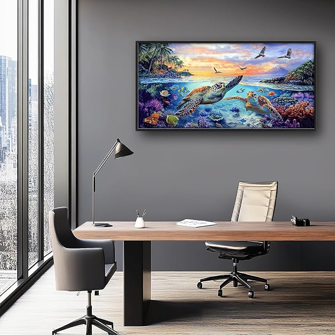 Framed Large Sea Turtle Wall Art for Living Room, Oversized Ocean Turtle Wall Decor Seascape Underwater Marine Life Canvas Painting Home Decoration for Living Room Bedroom Office 60"x30"