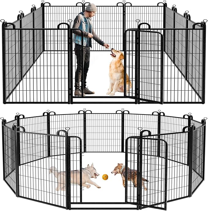 Dog Playpen Outdoor 12 Panels Heavy Duty Dog Fence 47" Height Anti-Rust with Doors Portable for RV Camping Yard, Total 27FT, 58 Sq.ft, Snowy Black