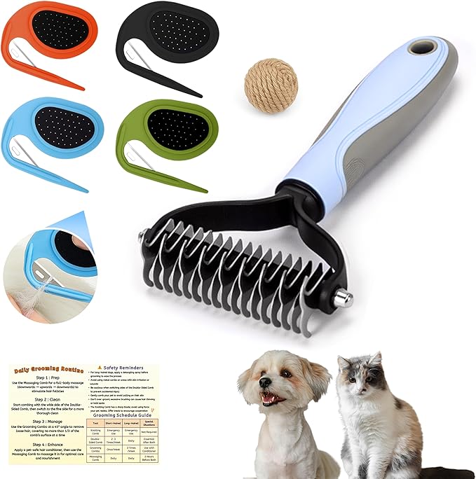 Upgraded Cat & Dog Knotting Comb + Grooming Kit – Hidden Blade Safe Tangle Remover, Non-Slip Handle, Includes 4 Knotting Combs & 1 Pet Grooming Brush