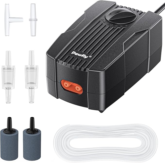 Pawfly Aquarium Air Pump Oxygen Pump for 10-200 Gallon Fish Tanks Buckets Dual Outlet Adjustable Ultra Quiet Aerator Pump with Accessories