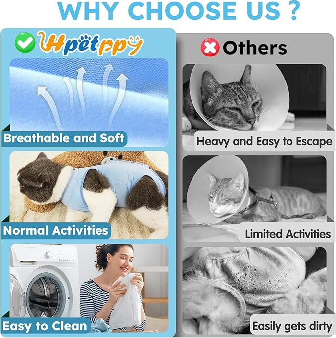 Cat Recovery Suit, Kitten Surgical Bodysuit for Abdominal Wound Anti Licking After Surgery, Pet Surgical Recovery Snugly Suit Cat Spay Recovery Suit Female for Small Male Female Cats Blue L