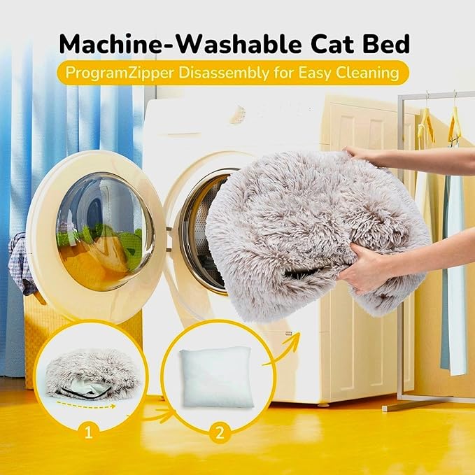 CATISM Cat Bed, Cat Cave for Indoor Cats, Soft Cat Dome, Self-Warming 2 in 1 Foldable Pet Cat House with Washable Cushioned Pillow Calming Fluffy Dog Beds for Small Dogs with Anti-Slip Bottom Brown