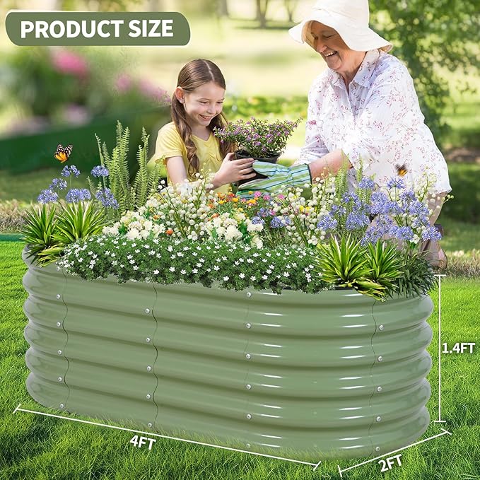 Galvanized Raised Garden Bed - 4x2x1.4FT Metal Planter Boxes Outdoor | Oval Steel Raised Bed Kit for Gardening with Protective Tape, Gloves for Vegetables, Flower, Herb (Green)