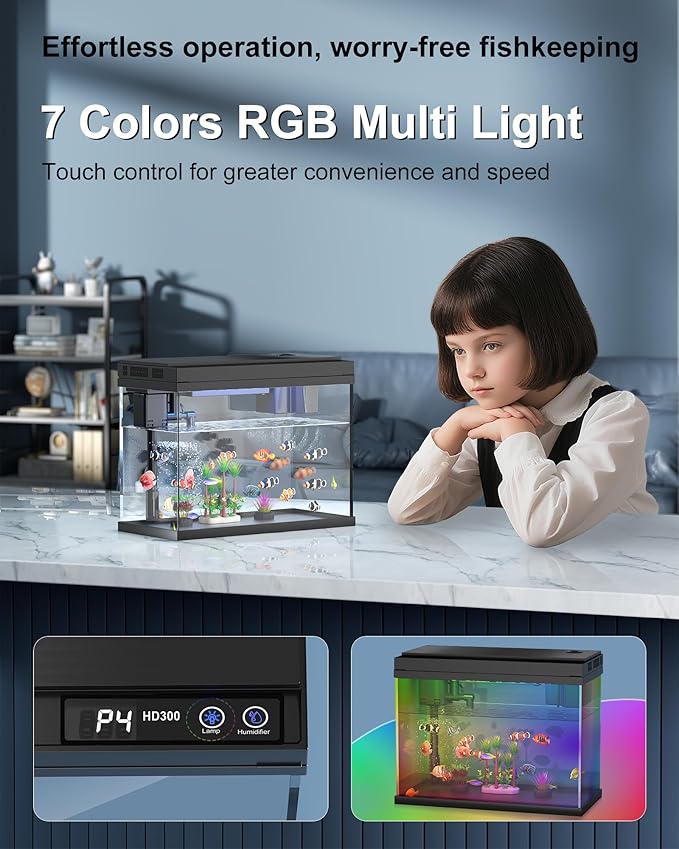 Fish Tank Aquarium Kit, 2.38 Gallon Beta Fish Aquariums, UHD Glass,Temperature Sensing, 7-Color Lighting Small Fish Tank for Kids/Desktop Decor