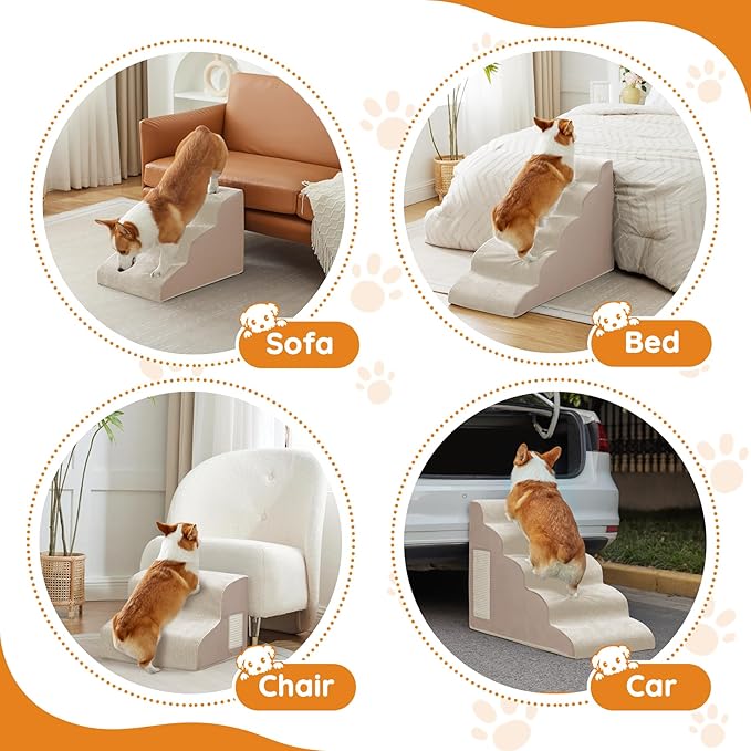 Dogs Steps for Bed, Dog Stairs for Small Dogs, 4-Step Dog Ramp for Bed, Couch, Sofa, and Chairs, Non-Slip Bottom Design, Cat Scratching, High Density Foam Portable Pet Step, Indoor, Beige