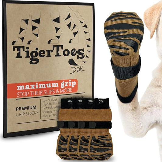 DOK TigerToes Premium Non-Slip Dog Socks for Hardwood Floors - Extra-Thick Grip That Works Even When Twisted - Prevents Licking, Slipping, and Great for Dog Paw Protection (Cool Caramel, Medium)
