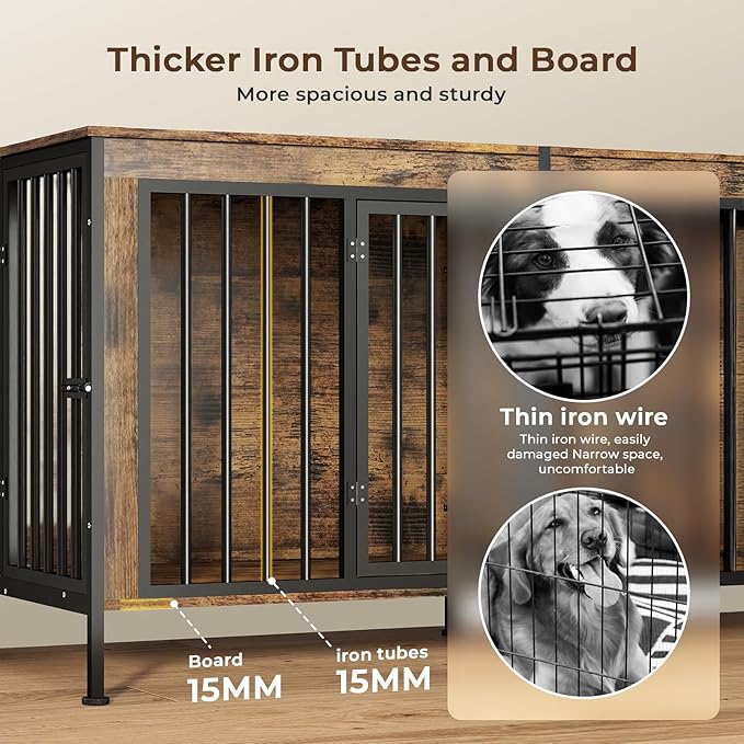 63 in Dog Crate Furniture for 2 Large/Medium Dogs with Removable Divider, Extra Large Double Doors Dog Kennel, XXL Thick Wooden Dog Cage Furniture,Sturdy and Durable, Brown