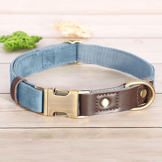 Didog Soft PU Leather Dog Collars for Small Dogs,Classic Adjustable Dog Collars with Quick Release Metal Buckle,Easy Clean and Comfortable with Nylon Lining,Denim Blue,S Neck 10-15"