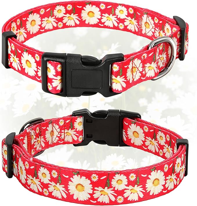 HEELE Dog Collar, Adjustable Soft Dog Collar for Small Medium Large Dogs,Daisy Floral Patterned Puppy Collars with Quick Release Buckle Daisy Red S Length 9.84''-14.96'