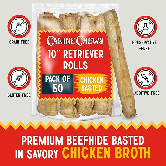 Canine Chews 10" Chicken Basted Dog Rawhide Retriever Rolls (50 Pack) - Natural Beef Dog Rawhide Chews - Healthy Dental Chews