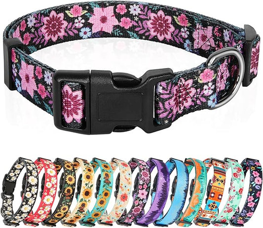 HEELE Dog Collar, Adjustable Soft Dog Collar for Small Medium Large Dogs,Floral Patterned Puppy Collars with Quick Release Buckle Galsang Black M Length 13.39''-20.87''