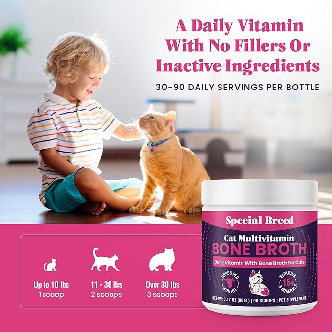 Cat Multivitamin with Grass-Fed Beef Bone Broth – Daily Supplement for Immune, Joint, Skin, Coat & Gut Health – Omega 3s, Lysine, Beta Glucan, Vitamins A-E, C, D – 90 Day Supply – No Fillers