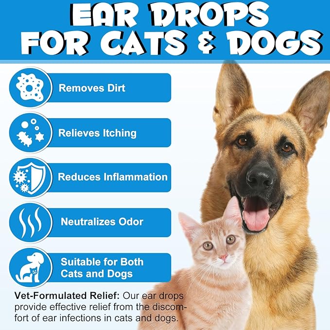 Dog Cat Ear Infection Treatment Drops, Pets Ear Cleaning Drops with 1% Hydrocortisone for Dog & Cats Yeast Infection, Itchy Ear Relief, Pet Ear Care Supplies for Dogs & Cats -2fl oz(2PCS)