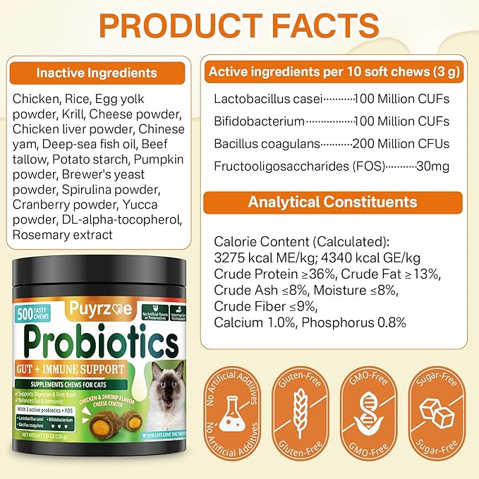 Cat Probiotics & FOS, Gut + Immune Support - 500 Chews Crunchy & Creamy Cheese Core, Probiotic for Digestive and Gut Health, Immunity, Constipation Relief for Cats Kittens - Chicken Shrimp