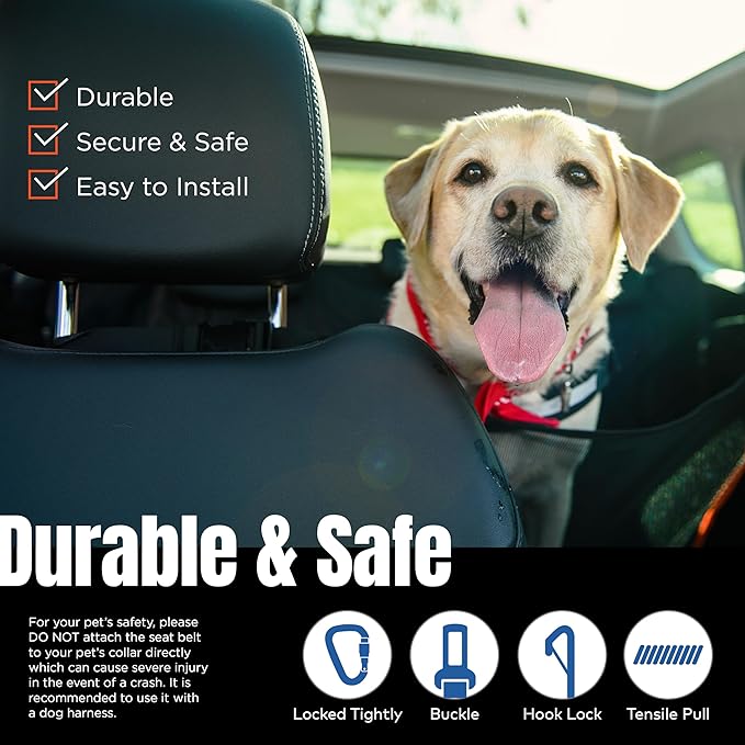 Dog Seat Belt for Car | Universal Dog Car Seatbelt | Durable Reflective Rope with Clip Hook Latch, Buckle and Alloy Carabiner- Safe and Secure Pet Safety Restraint