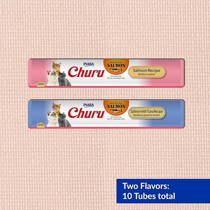 INABA Salmon Churu Cat Treats, Lickable, Squeezable Creamy Purée Cat Treat with Green Tea Extract & Taurine, 0.5 Ounces Each Tube, 10 Tubes, Salmon & Tuna Variety