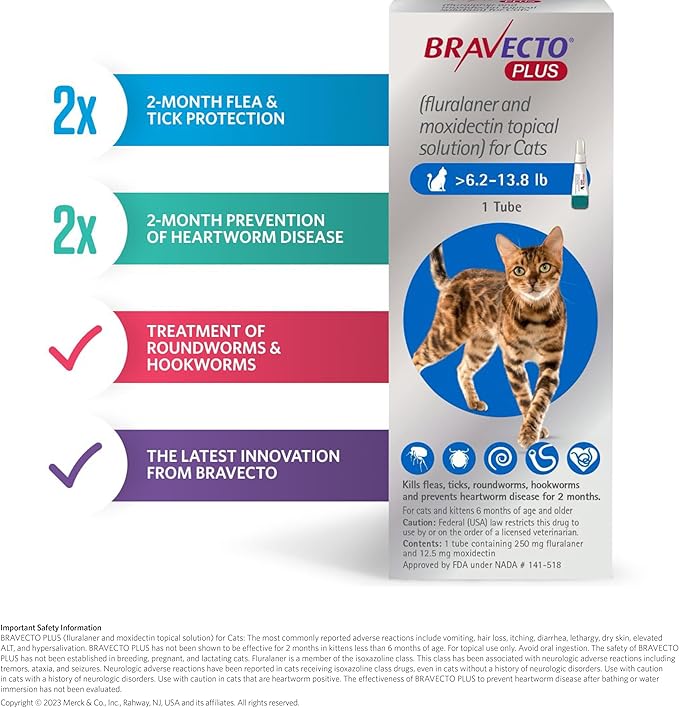 BRAVECTO Plus Topical Solution for Cats, Flea, Tick & Heartworm, 2 Months Supply, 2.6-6.2 lbs., Green Box