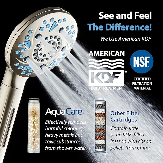 AquaCare High Pressure 10 Spray Mode Filtered Showerhead - Handheld Shower Head Filters Chlorine to Heal Dry Skin, Revive Hair - Dual Power Wash Cleans Tub, Tile, Pets - Hard Water Softener, Nickel