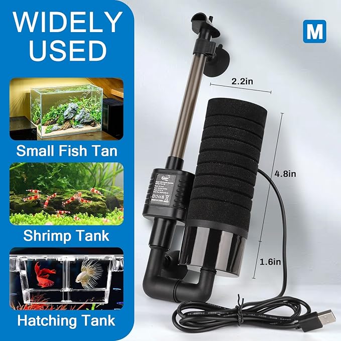 hygger USB Single Sponge Filter, Small Aquarium Filter with Adjustable Hanging Clip and Suction Cup, Duckbill Outlet, Rain Pipe Outlet, Extra Spare Sponge