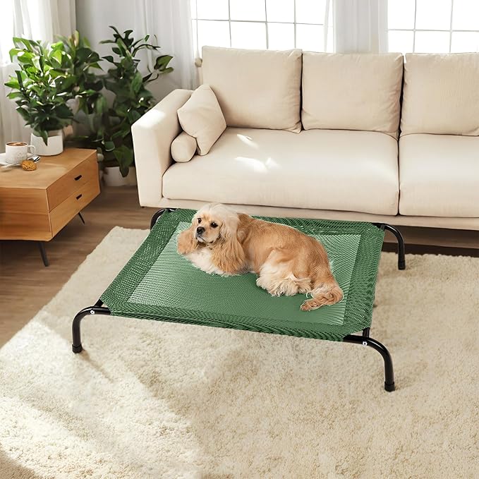 Cooling Elevated Dog Bed with Non-Slip Floor Protectors & Breathable Mesh, Raised Indoor & Outdoor Dog Cot Hammock, 41" L x 32" W x 8" Th, Medium, Green