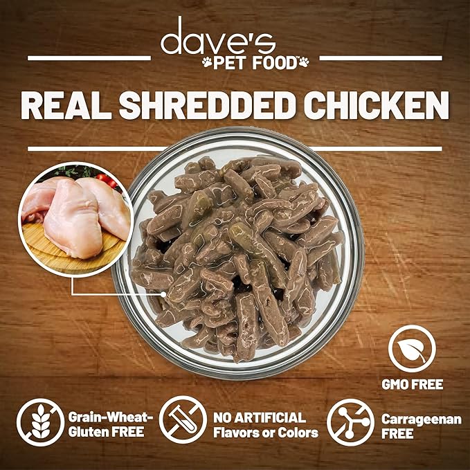 Dave's Pet Food Grain Free Wet Cat Food (Shredded Chicken in Gravy), Made in Canada Naturally Healthy Canned, Added Vitamins & Minerals, Wheat & Gluten-Free, GMO-Free, 5.5oz (24 Pack)