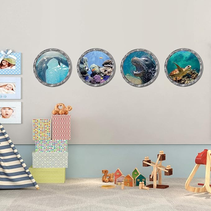 4 PCS Removable 3D Under The Sea Nature Scenery Wall Decals - Animals Wall Sticker Home Wall Art Decor for Bathroom Bedroom Door Kids Baby Nursery Room - Includes Turtles, Dolphins, Sea Lions, Coral