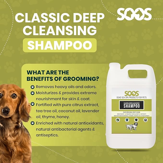 Soos Pet Classic Deep Cleansing Shampoo for Dogs and Cats Natural Dead Sea Minerals Fast Absorbing Coat with Vitamins Essential Oils Natural Ingredients - 1x (4L Gallon)