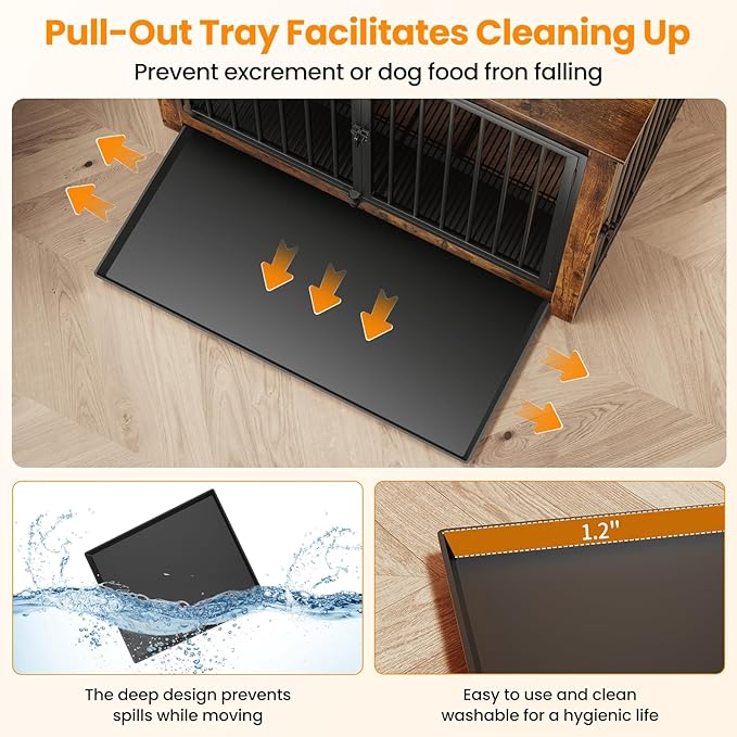 Dog Crate Furniture, Large Dog Crate Furniture, Wooden Cage Kennel Furniture Indoor, Modern Dog Crate with Multi-Purpose Removable Tray, Double-Doors Dog Furniture, Rustic Brown