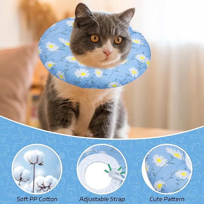 Cat Cone Collar Soft, Adjustable Cat Recovery Collars Kitten Cones to Stop Licking, Cute Donut E Collar After Surgery, Anti-Lick Wound Healing Elizabethan Collar for Kitten(Blue Daisy, Medium)