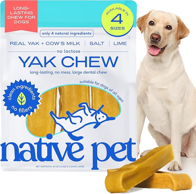 Native Pet Yak Cheese Himalayan Dog Chews - Long Lasting Dental Sticks for Large Breeds – 100% All Natural Himalayan Yak Chews for Large Dogs – Cheese Bone for Aggressive Chewers - 10 Per Pack