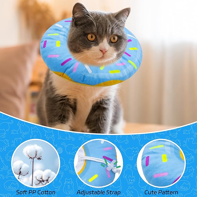 Cat Cone Soft Collar,Adjustable Cat Recovery Collars Kitten Cones to Stop Licking, Cute Donut Neck Collar After Surgery, Elizabethan Kittens Protective Cones After Spay (Donut Blue, Large)