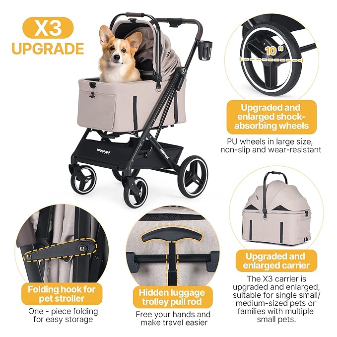 BEBEROAD X3 2 in 1 Pet Stroller for Medium or Two Small Dogs & Cats 4 Wheels Lightweight Foldable Carrier Dog Stroller with Waterproof Weather Cover Cup Holder,Storage Basket(Camel)