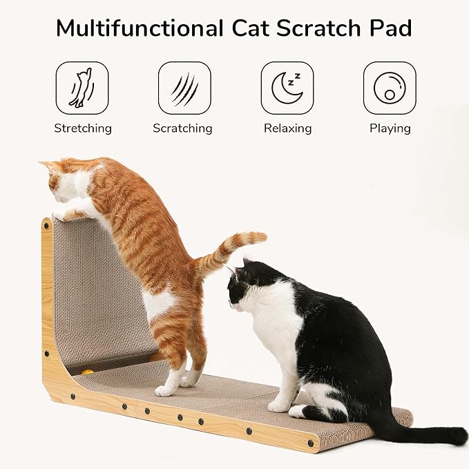 FUKUMARU Cat Scratcher, 32.7 Inch L Shape Cat Scratch Pad Wall Mounted, Cat Scratching Cardboard with Ball Toy for Indoor Cats, Extra Large