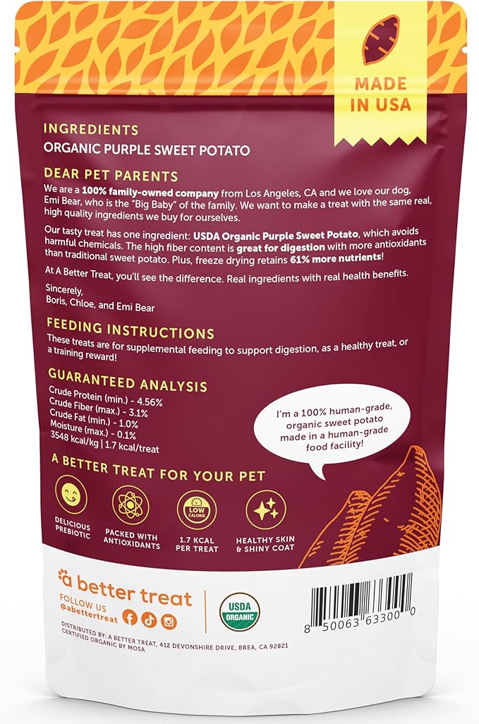 A Better Treat – Freeze Dried Organic Purple Sweet Potato Dog and Cat Treats, Organic, Single Ingredient | Natural, Healthy, Diabetic Friendly | Made in The USA