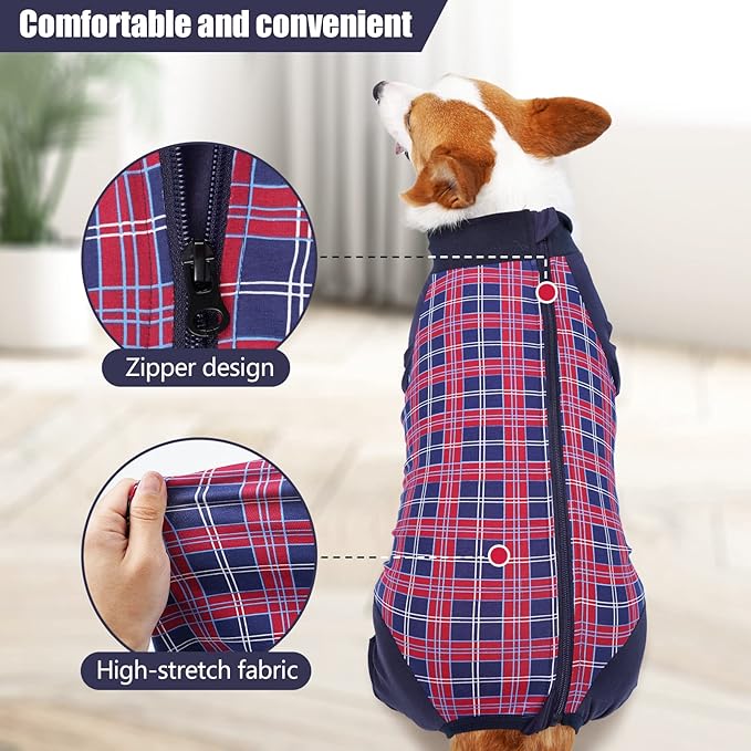 Dog Recovery Suit, Abdominal Wound After Surgery Wear, Anti Licking Bodysuit with Zipper, E-Collar & Cone Alternatives, Plaid Dog Spay Surgical Onesie Prevent Shedding(Large, Red)