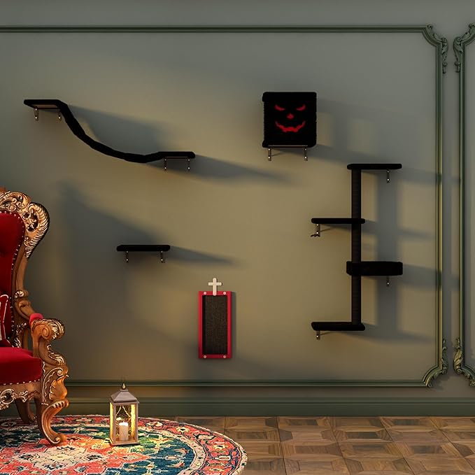 COZIWOW Wall-Mounted Cat Tree | Space-Saving Feline Furniture with Multiple Levels | Durable Scratch Post for Indoor Cats, Black&Red