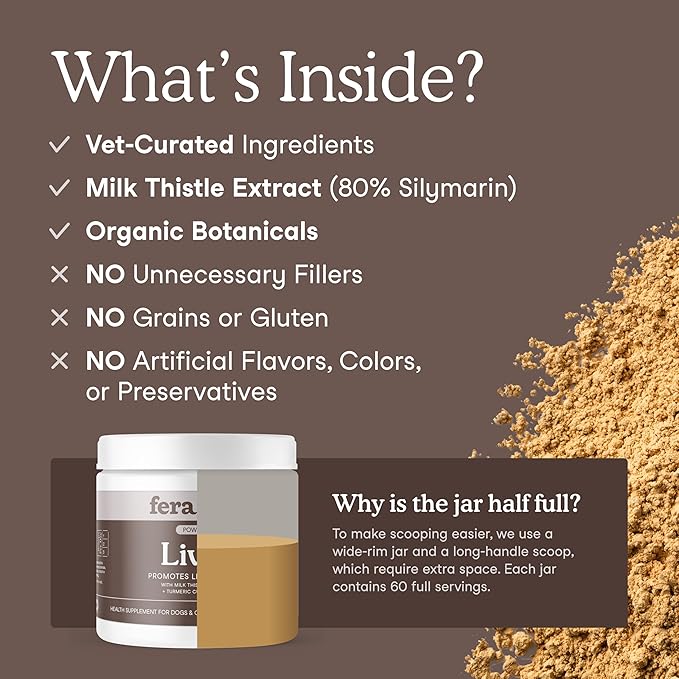 Fera Pets Liver Supplement for Dogs & Cats with Milk Thistle, Choline & Turmeric - Organic Botanicals - Enhances Liver Function, Immunity, Detoxification, & Metabolic Function - Powder - 60 Scoops