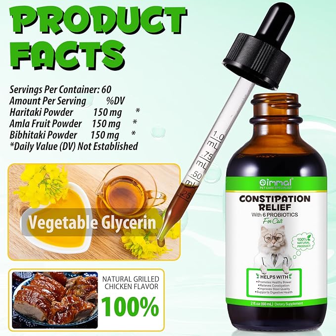 Cat Constipation Relief, Liquid Drops Supports Laxative Relief, Cat Herbal Supplements, Stool Softener Laxative Constipation Relief, Chicken Flavour- 60ml / 2 fl.oz