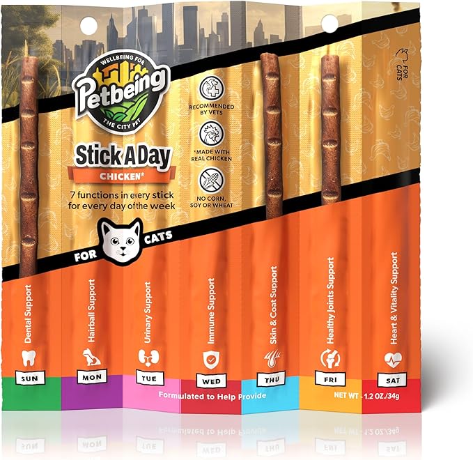 Stick a Day | Specially Formulated 7-in-1 Functions Daily Real Meat Supplement for Cats | Cat Chew Stick & Pet Vitamins Supplements Combination (7-Pack x 4, Chicken)